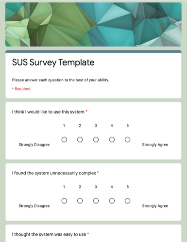 Screenshot of the SUS Survey Template
